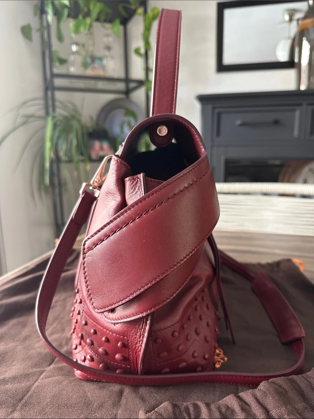 Tod's Deep Red Leather Satchel with Studded Trim